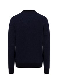 Marineblauer Pullover mit Fischgrätenmuster, standardmäßigem Kragen und gerippten Bündchen sowie Saum. Hergestellt aus strukturiertem Wollmaterial. Klassische Passform.
