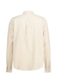 Camicia a maniche lunghe in cotone beige chiaro con sottili righe verticali. Collo classico e dettaglio con piega sul retro. I polsini presentano chiusure a bottone.