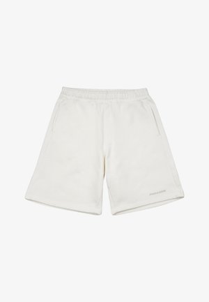 Valged puuvillased lühikesed püksid elastse vöökohaga, kahe küljetaskuga ja sirge lõikega. Eesosas on väike logo.