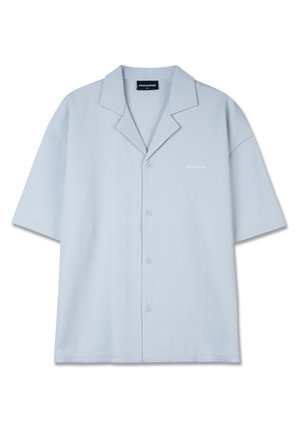 Light blue short-sleeve shirt with a pointed collar, vertical ribbed texture, front button closure, and subtle brand logo on the chest.