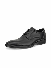 Schwarze Lederdressschuhe mit glatter Textur, runder Zehenform und Schnürdesign mit fünf Ösen. Flache Sohle und dezente Nähte.