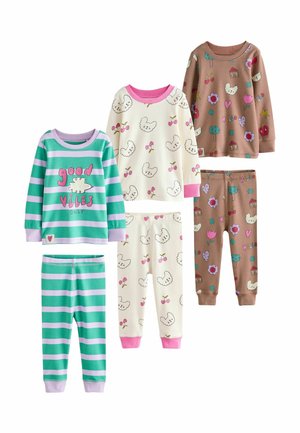 Three sets of children's long-sleeve pajamas with colorful patterns including stripes, clouds, cherries, flowers, and text on white, green, and brown fabric.