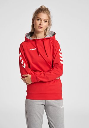 Felpa con cappuccio rossa e foderata in grigio, con un logo bianco e un motivo a chevron sulle maniche. Il materiale sembra liscio e comodo.