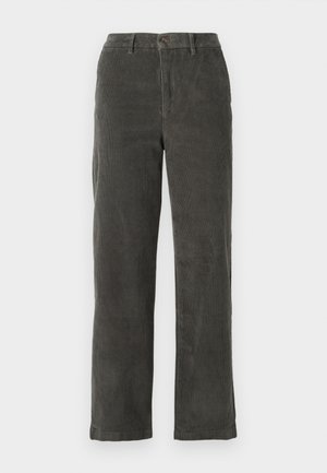 Gray corduroy trousers with a waistband, front button closure, and two side pockets. Straight-leg design and ribbed texture.