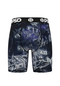 Black boxer briefs with a money print design, featuring a patterned waistband and a fitted shape. The fabric has a smooth, stretchy texture.