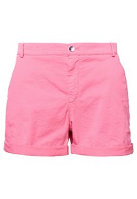 Růžové bavlněné šortky s ohrnutými lemy, s předním zapínáním na knoflík a zip, hladkou texturou a minimalistickým designem.