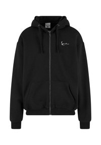 Black zip-up hoodie made of soft material, featuring a kangaroo pocket, ribbed cuffs, hood with drawstrings, and a small white logo on the chest.
