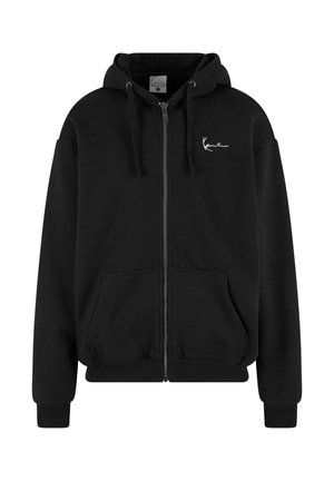 Black zip-up hoodie made of soft material, featuring a kangaroo pocket, ribbed cuffs, hood with drawstrings, and a small white logo on the chest.