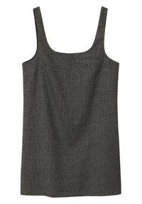 Débardeur à carreaux noir et blanc avec un décolleté carré, des bretelles larges et une texture de tissu lisse, présentant des détails de couture minimaux.