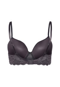 Černá podprsenka s výplní a krajkovým páskem, nastavitelné ramínka, hladký povrch a květinový vzor na krajce. Zapínání na háček na zadní straně.