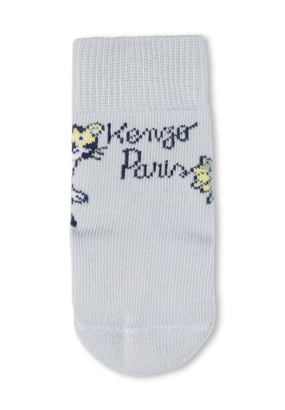 Chaussette en coton bleu clair avec un motif de personnage de dessin animé, des accents jaunes et le texte "Kengo Pani" brodé sur le côté.