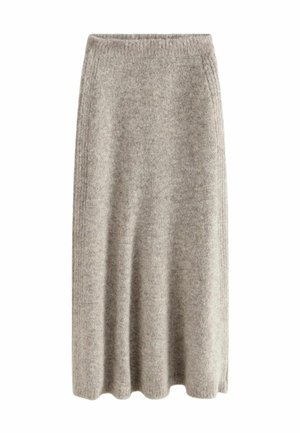 Jupe midi en maille de couleur gris clair. Elle présente une texture côtelée, une taille élastique et une silhouette évasée avec une finition lisse.