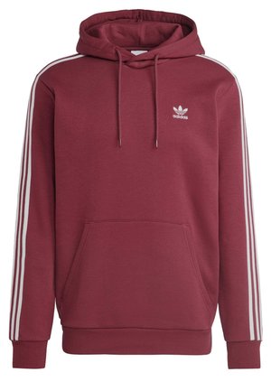 Vinrød Adidas-hættetrøje med hvide tre striber på ærmerne, frontkængurulomme, snørelukning i hætten og lille hvid Adidas-logo på brystet.