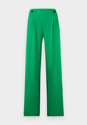 Πράσινο παντελόνι ψηλόμεσο με φαρδιά μπατζάκια, λεπτομέρειες με κουμπιά στη μέση, λείο ύφασμα και καθαρό μπροστινό σχέδιο.