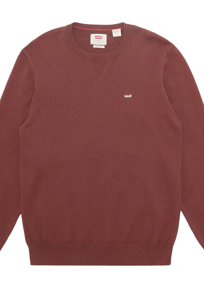 Sweatshirt bordeaux avec un col rond, des manches longues et des poignets côtes. Présente un petit logo Levi's blanc sur la poitrine. Texture de tissu douce.