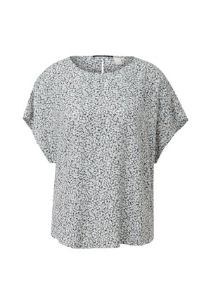 Bloemendessin top in lichtblauw, grijs en wit. Losse, korte mouwen met een ronde halslijn. Zachte, lichte stof.