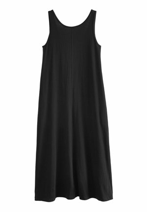 Robe noire sans manches à coupe décontractée, fabriquée en tissu doux. Elle présente un col rond et une silhouette simple et droite.