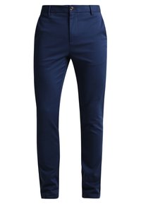 Pantalons bleu marine en tissu lisse, avec une coupe regular, des poches avant et une fermeture à bouton à la taille.