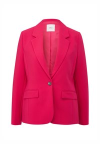 Blazer femme rose vif à un seul bouton avec revers en encoche et deux poches à rabat, présenté sur fond blanc.