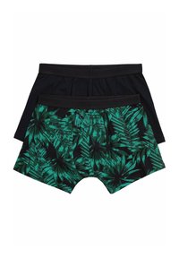 Due coppie di boxer: una nera unita e l'altra con un motivo di foglie tropicali verdi su sfondo nero. Morbide fasce elastiche in vita.