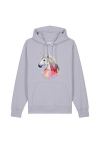 Lichtgrijze hoodie met een grote afbeelding van eenhoornhoofd, met een regenboogmanen en de tekst "FLASH THE UNICORN" in het roze.