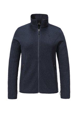 Navy fleece jacket with high collar, front zip, and two side pockets. Textured fabric with contrasting dark accents on pockets and cuffs.