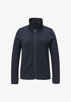 Navy fleece jacket with high collar, front zip, and two side pockets. Textured fabric with contrasting dark accents on pockets and cuffs.