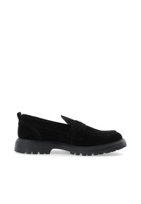 Schwarze Wildleder Slipper mit runder Zehenform, genähten Details und einer Gummisohle mit Traktionsprofil. Rutschfester Slip-On-Stil mit einem dekorativen Riemen.