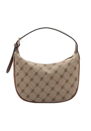 Sac à main en forme de croissant à motif beige et marron avec une seule bandoulière réglable marron foncé et une fermeture éclair.