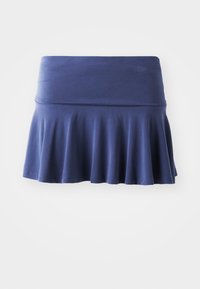 Navy blue skirt with a smooth, stretchy waistband and flared bottom. Made of soft fabric, it features a simple, uninterrupted design.