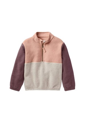 Fleece-Pullover mit einem Viertel-Reißverschluss, der pinke, cremefarbene und lila Farbblöcke aufweist. Weiche Textur, lange Ärmel und hohes Kragen Design.