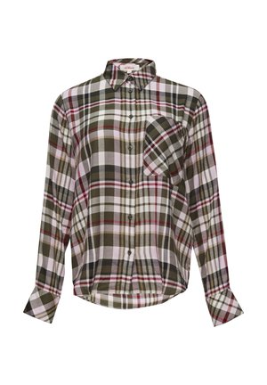 Camisa de cuadros verde, blanca y roja, con botones y mangas largas, un cuello y un bolsillo delantero; hecha de una tela suave con un corte relajado.