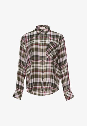 Roheline, valge ja punane ruuduline nööpidekaelusega särk pikade varrukatega, esiküljel taskuga; valmistatud pehmest kangast, mis on mugava lõikega.