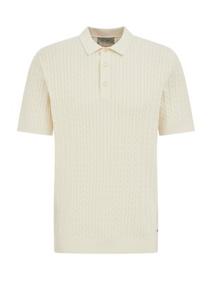 Polo de manga corta color crema con tejido de cable, tres botones y dobladillo acanalado, con un cuello suave.