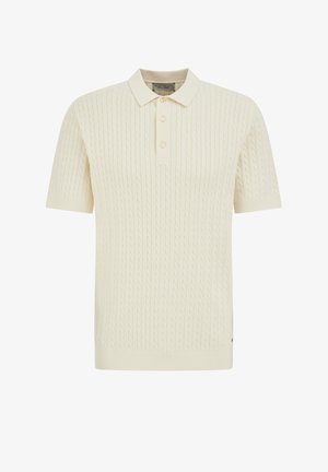 Kremfarvet polo med korte ærmer i kabelstrik, tre knapper og ribkant samt en blød krave.
