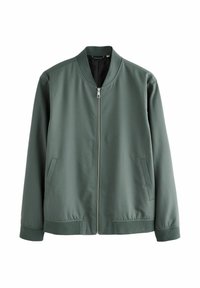 Chaqueta tipo bomber verde oscuro con cierre de cremallera, cuello acanalado y bolsillos laterales; confeccionada en tela lisa y texturizada.