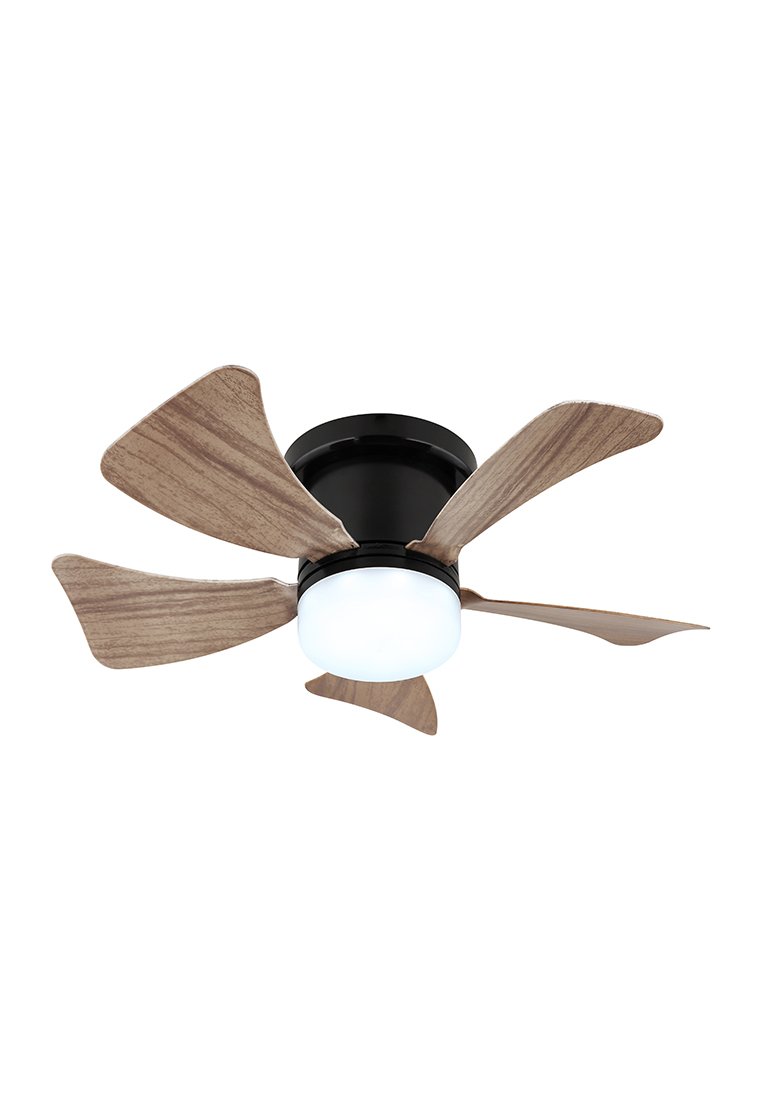 Stropní ventilátor s pěti zahnutými dřevěnými lopatkami a centrálním kulatým bílým světlem, upevněný na černém podkladu.