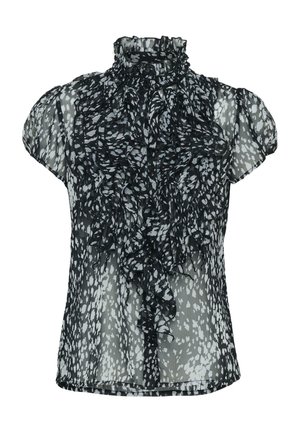 Haut noir transparent avec un col montant à volants, arborant un imprimé abstrait blanc, des manches courtes bouffantes et un détail volanté texturé sur le devant.