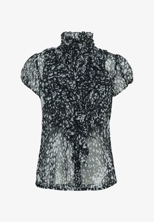 Haut noir transparent avec un col montant à volants, arborant un imprimé abstrait blanc, des manches courtes bouffantes et un détail volanté texturé sur le devant.