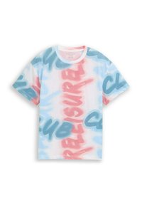 Tričko s krátkym rukávom v bielej farbe s abstraktnými modrými a ružovými textovými vzormi. Okrúhly výstrih, ľahká látka a voľný strih.