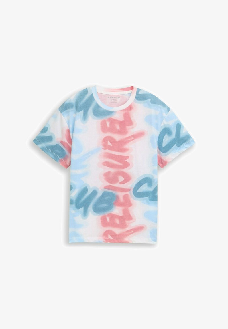 Tričko s krátkym rukávom v bielej farbe s abstraktnými modrými a ružovými textovými vzormi. Okrúhly výstrih, ľahká látka a voľný strih.