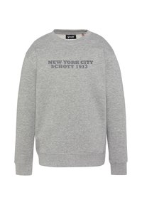 Felpa grigia in cotone, con collo rotondo, maniche lunghe e la scritta "NEW YORK CITY SCHOTT 1913" in grigio scuro sulla parte anteriore.