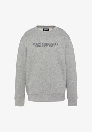 Felpa grigia in cotone, con collo rotondo, maniche lunghe e la scritta "NEW YORK CITY SCHOTT 1913" in grigio scuro sulla parte anteriore.