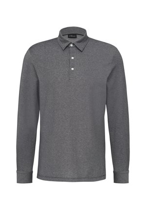 Polo à manches longues pour homme en gris avec un col et trois boutons blancs sur la patte de boutonnage.
