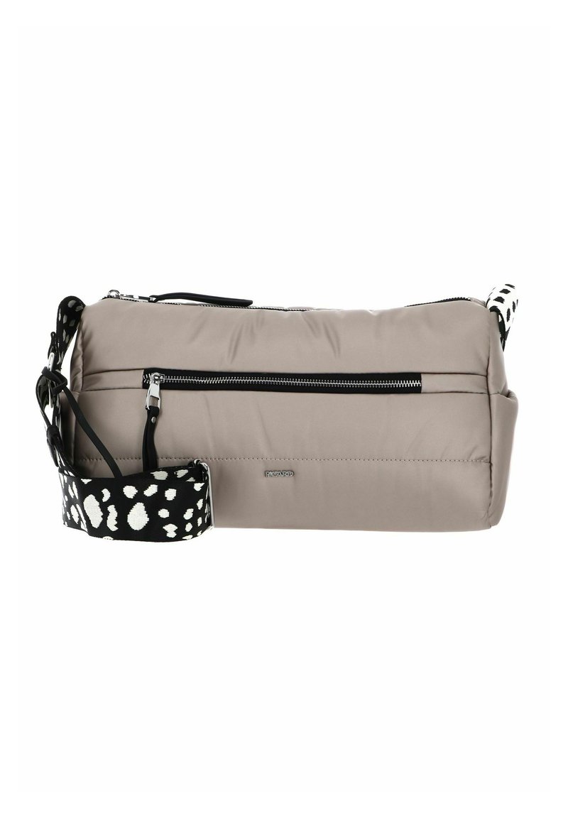 Sac bandoulière en nylon beige avec fermeture zippée supérieure, doté d'une bandoulière noire amovible à motif blanc à pois et d'une poche avant zippée.