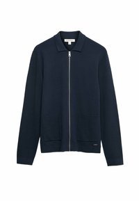 Cardigan zippé bleu marine à manches longues, col, deux poches plaquées à l'avant et tirette en métal.