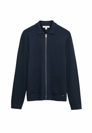 Cardigan zippé bleu marine à manches longues, col, deux poches plaquées à l'avant et tirette en métal.