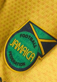 Logo della Jamaica Football Federation in verde e giallo su tessuto giallo texturizzato, dalla forma di una freccia che punta verso l'alto.