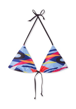 Top bikini triangolo in tessuto blu con motivi geometrici multicolore. Spalline nere per regolazione. Texture liscia; design leggero.