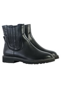 Botas de cuero negro hasta el tobillo con paneles laterales elásticos, punta redondeada, detalle texturizado en la parte trasera y suela de goma para mayor tracción.